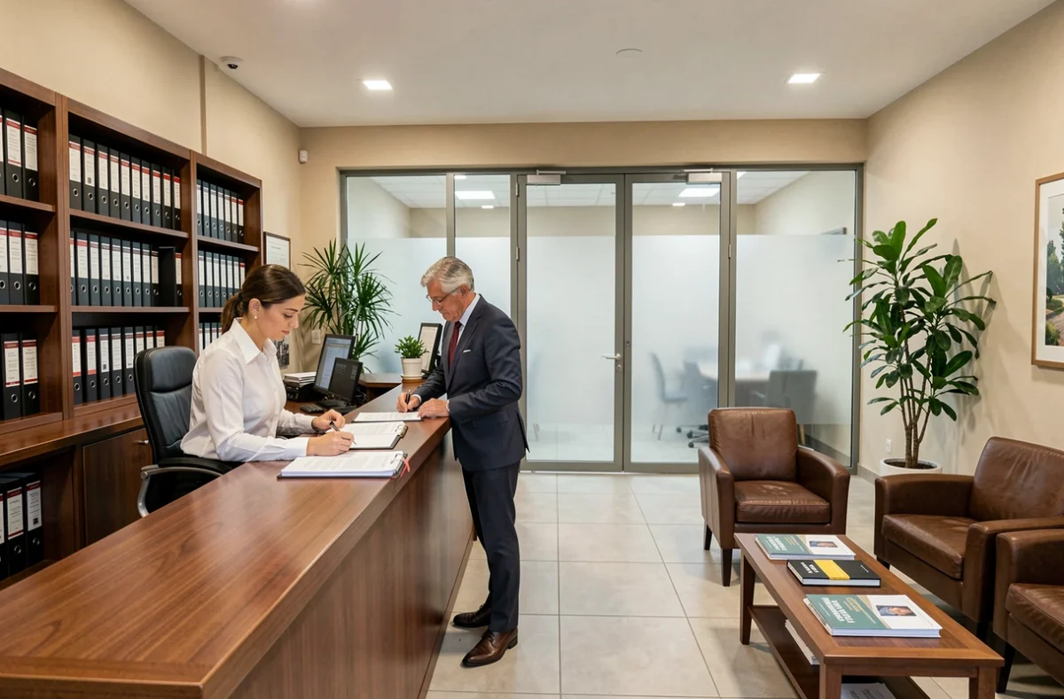 Accueil d'un cabinet notarial à Marseille avec réceptionniste, client et espace d'attente professionnel