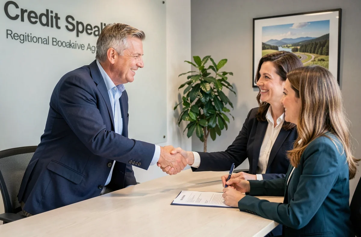 Conseiller ACE Crédit Ain serrant la main d'un couple après la signature de documents de prêt immobilier dans un bureau régional