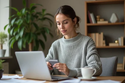 Femme effectuant un achat en ligne sécurisé avec sa carte bancaire Banque Postale devant son ordinateur portable