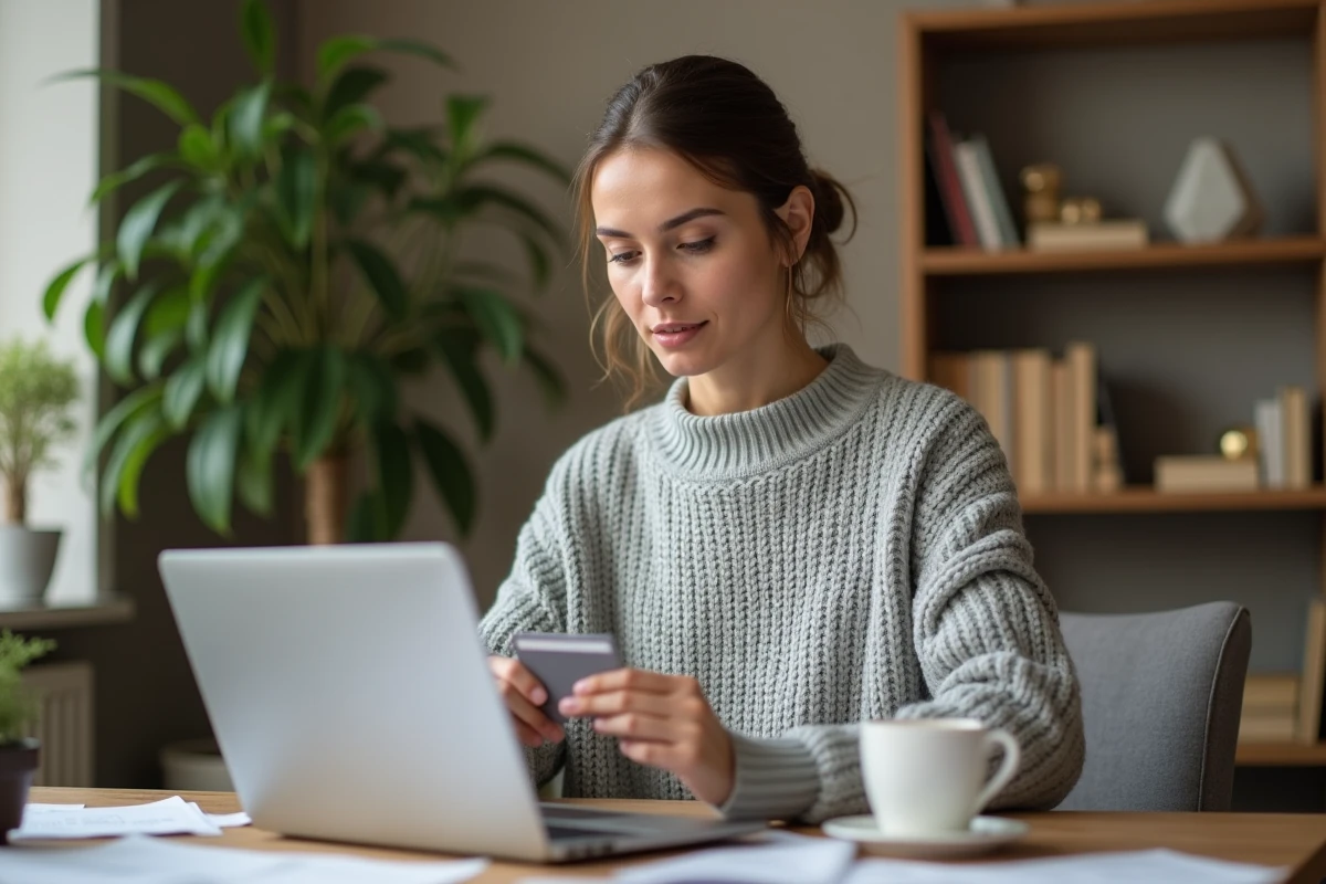 Femme effectuant un achat en ligne sécurisé avec sa carte bancaire Banque Postale devant son ordinateur portable