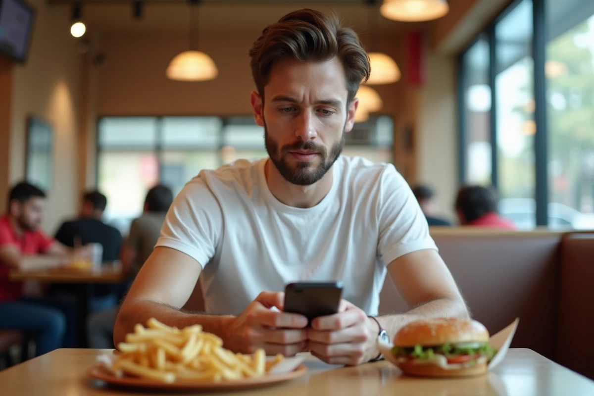 Homme consultant l'application Chèques Vacances Connect sur son téléphone avant de payer son repas chez McDo