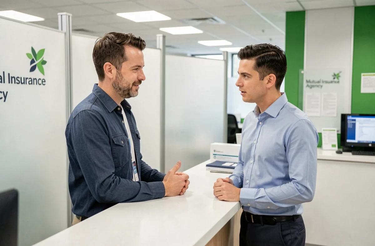 Adhérent discutant avec un conseiller Harmonie Mutuelle en agence d'assurance santé