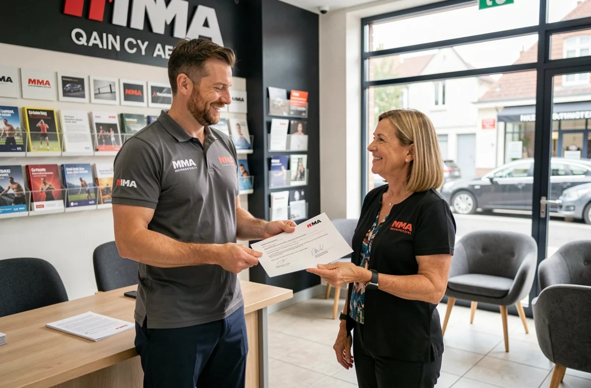 Conseiller de l'Agence MMA Caen remettant un contrat d'assurance à une cliente dans l'agence