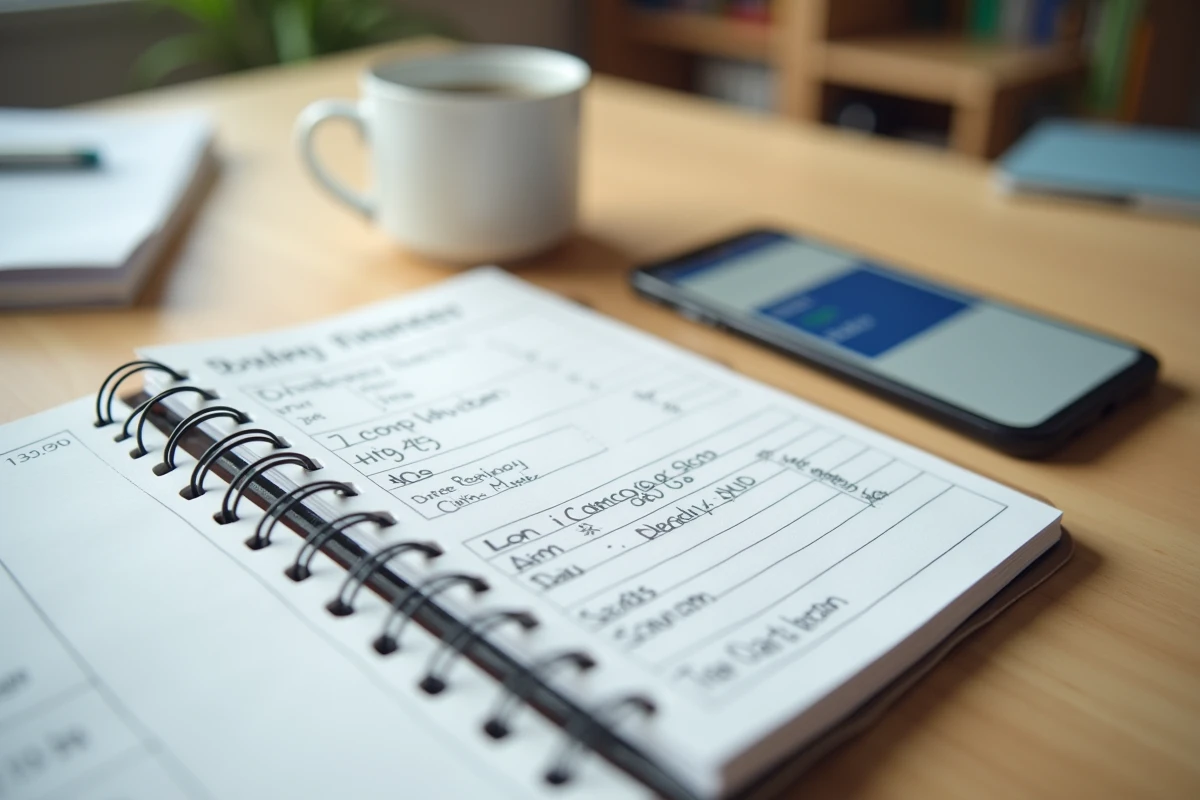 Agenda avec dates entourées et smartphone affichant un virement bancaire sur un bureau, pour gérer les opérations La Banque Postale et les jours fériés