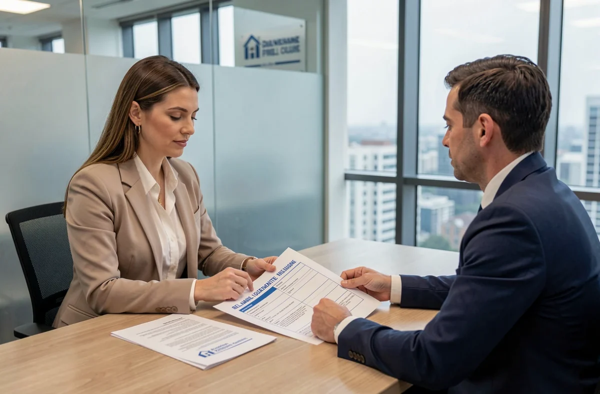 Agent immobilier et client examinant une offre d'assurance loyers impayés en agence