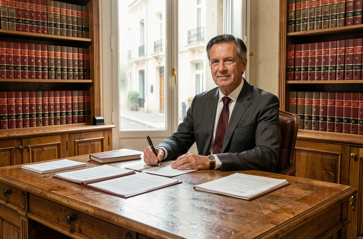 Alexandre Lafage, notaire à Marseille Saint-Barnabé, assis à son bureau en chêne avec des documents juridiques et une plume