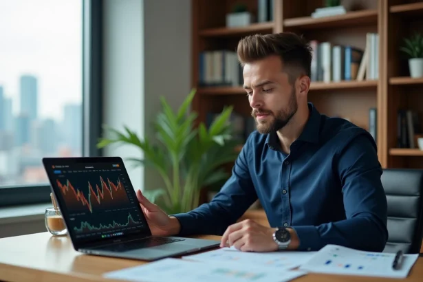 Homme analysant des graphiques de prévision Bitcoin sur un ordinateur portable dans un bureau moderne