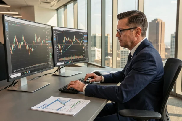 Analyste financier étudiant des graphiques boursiers d'actions industrielles pour une stratégie d'investissement par paliers en 2026