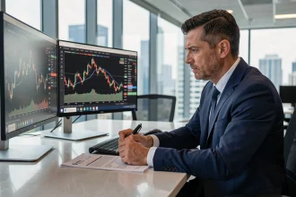 Analyste financier examinant des graphiques boursiers sur écran double pour préparer ses prévisions d'investissement 2026