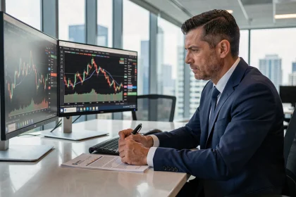 Analyste financier examinant des graphiques boursiers sur écran double pour préparer ses prévisions d'investissement 2026