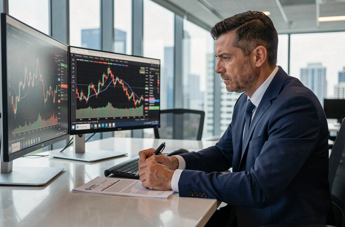 Analyste financier examinant des graphiques boursiers sur écran double pour préparer ses prévisions d'investissement 2026