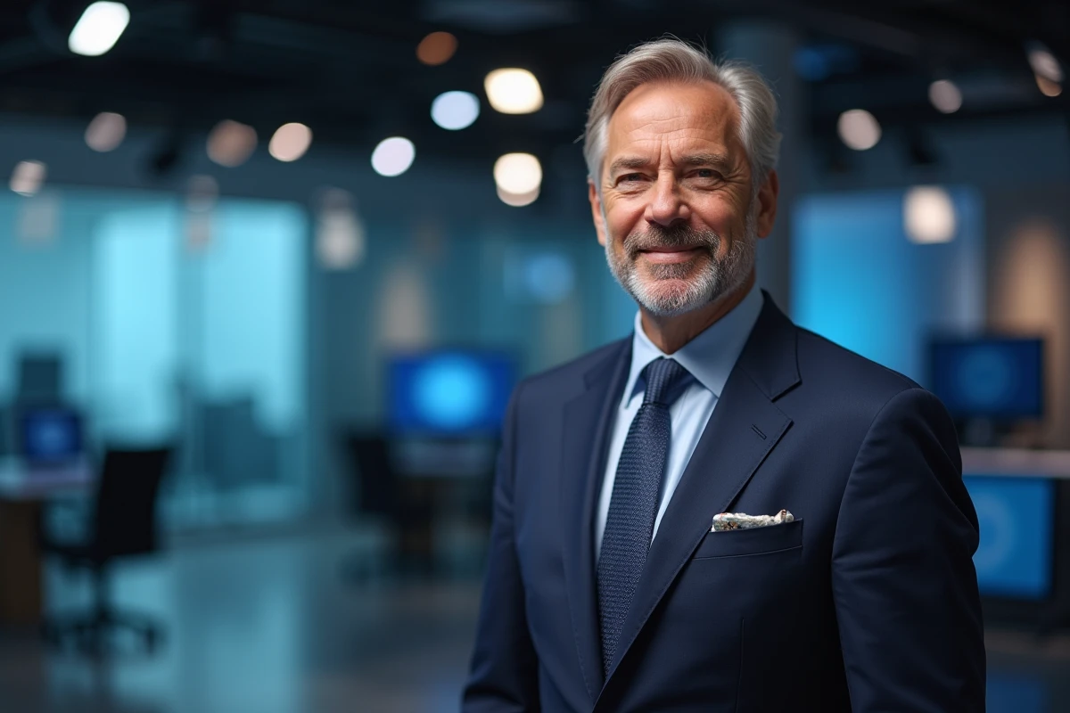 Animateur de télévision élégant en costume marine dans un studio de production moderne, illustrant une carrière médiatique prospère