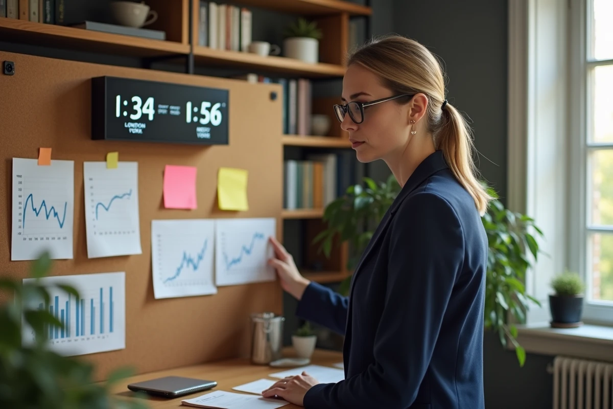 Professionnelle de la finance travaillant depuis son bureau à domicile en consultant des horloges indiquant les fuseaux horaires de Londres et New York pendant l'overlap boursier