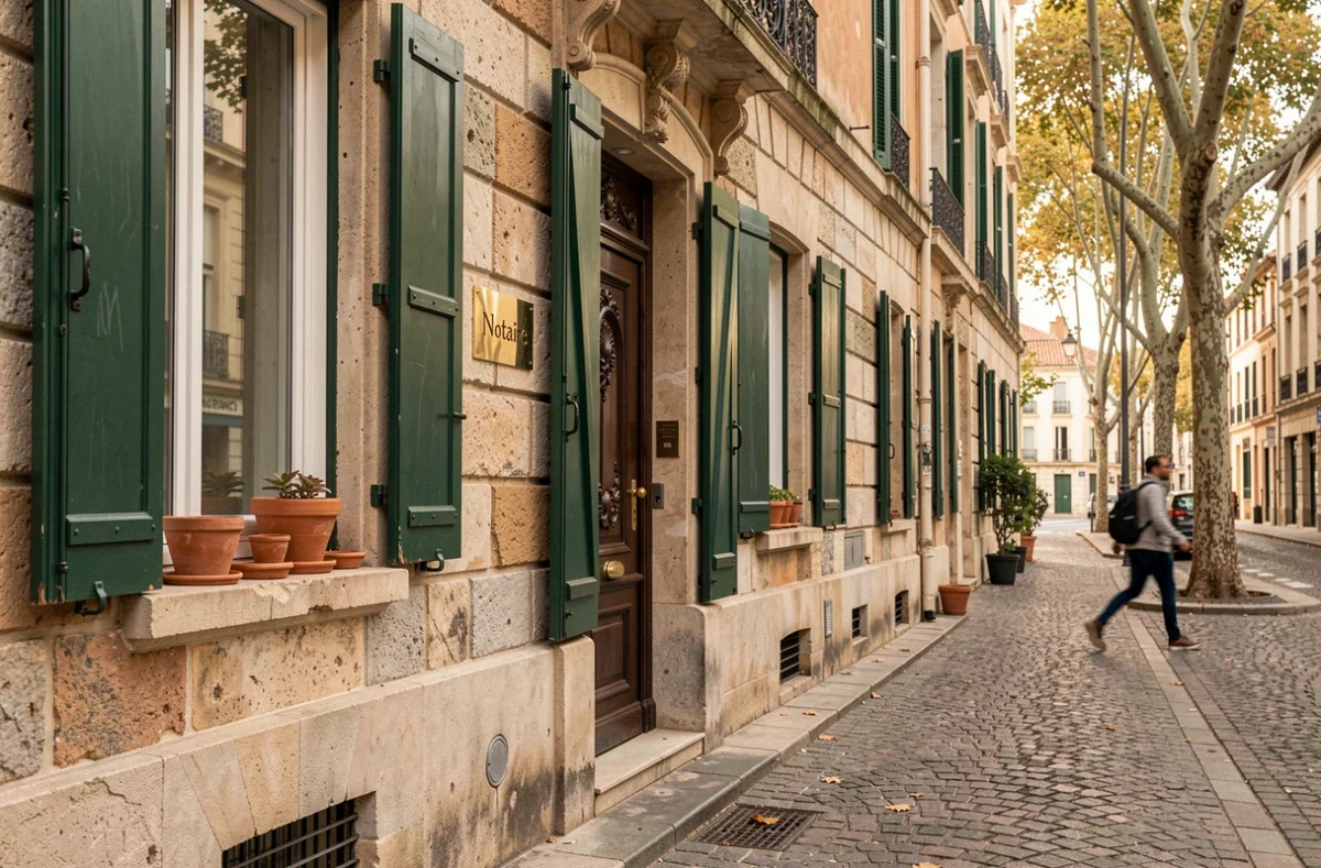 Façade d'un cabinet notarial traditionnel dans le quartier Saint-Barnabé à Marseille avec plaque en laiton et volets verts
