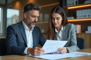 Homme d'affaires et jeune femme examinent des documents financiers