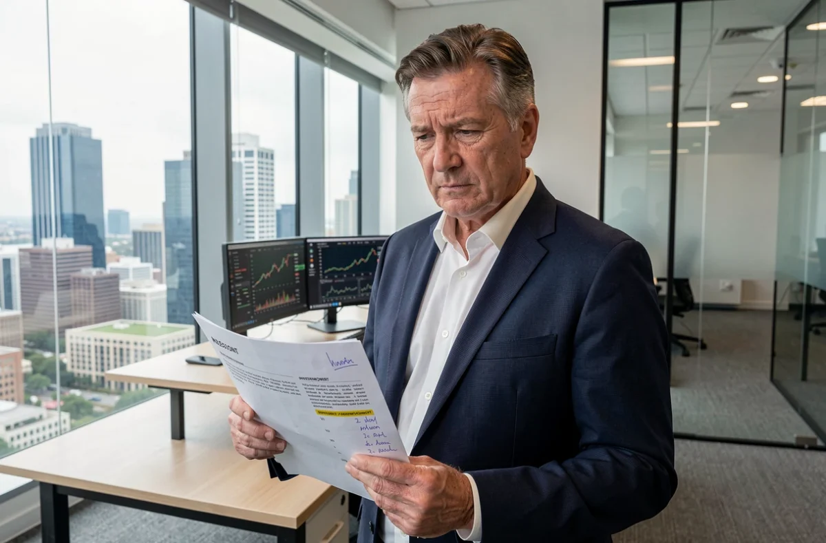 Cadre financier tenant un rapport d'investissement annoté devant une fenêtre de bureau donnant sur une skyline urbaine