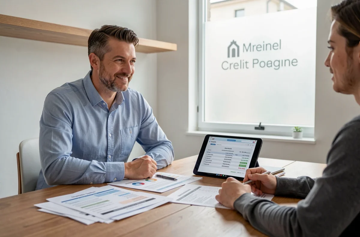 Conseiller Cafpi Ain présentant une simulation de prêt immobilier à un jeune couple dans un bureau épuré