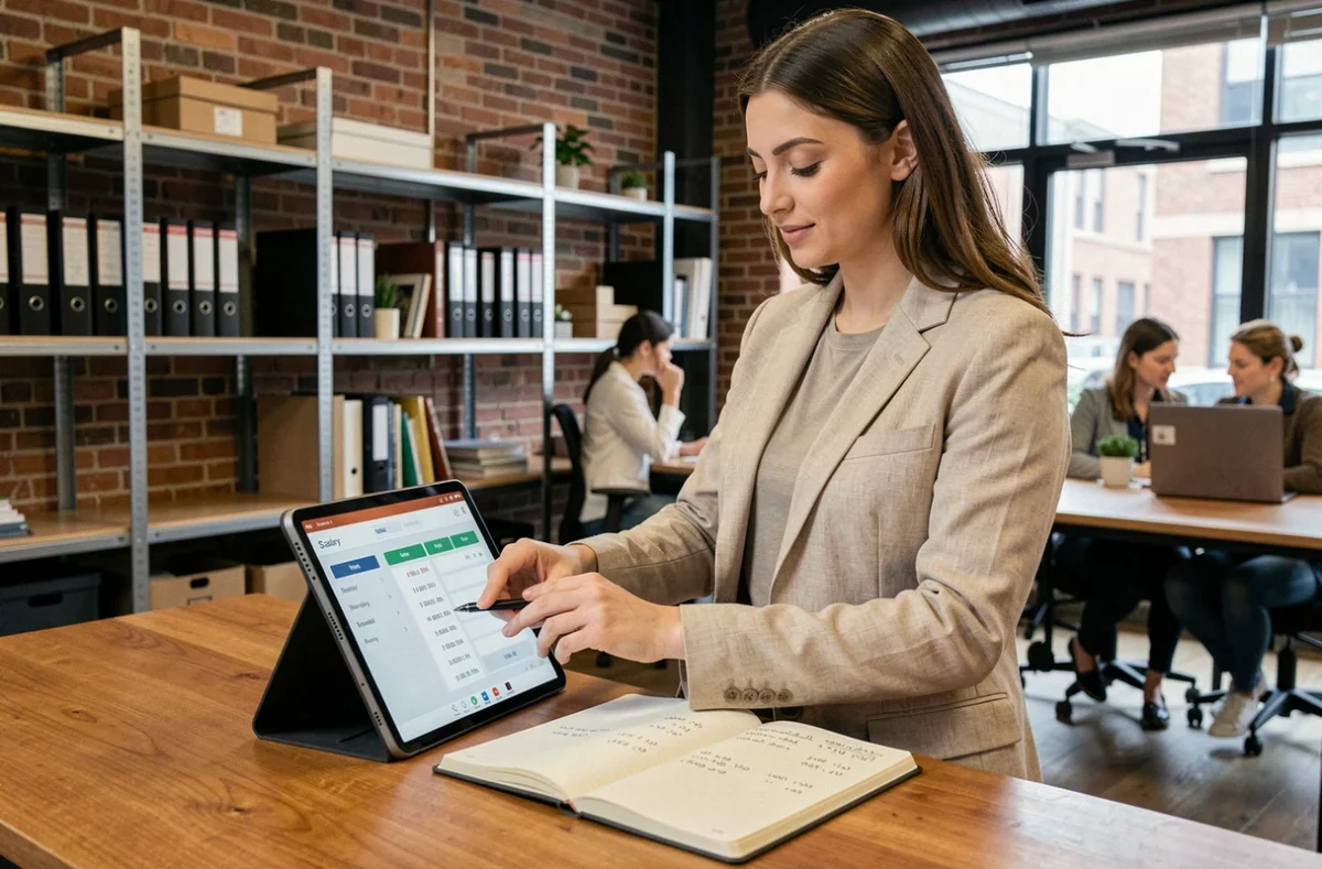 Jeune professionnelle calculant son salaire net depuis un brut de 2100 euros sur tablette dans un espace de coworking moderne
