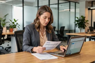 Femme cadre analysant sa fiche de paie et calculant son salaire net depuis brut sur un ordinateur de bureau professionnel