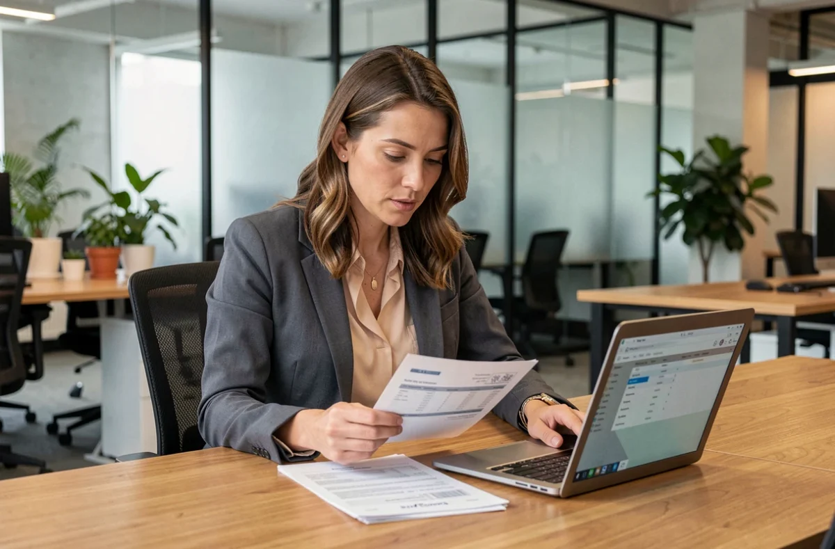 Femme cadre analysant sa fiche de paie et calculant son salaire net depuis brut sur un ordinateur de bureau professionnel