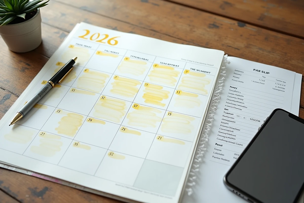 Calendrier 2026 avec dates de paie surlignées, fiche de salaire et application bancaire sur un bureau