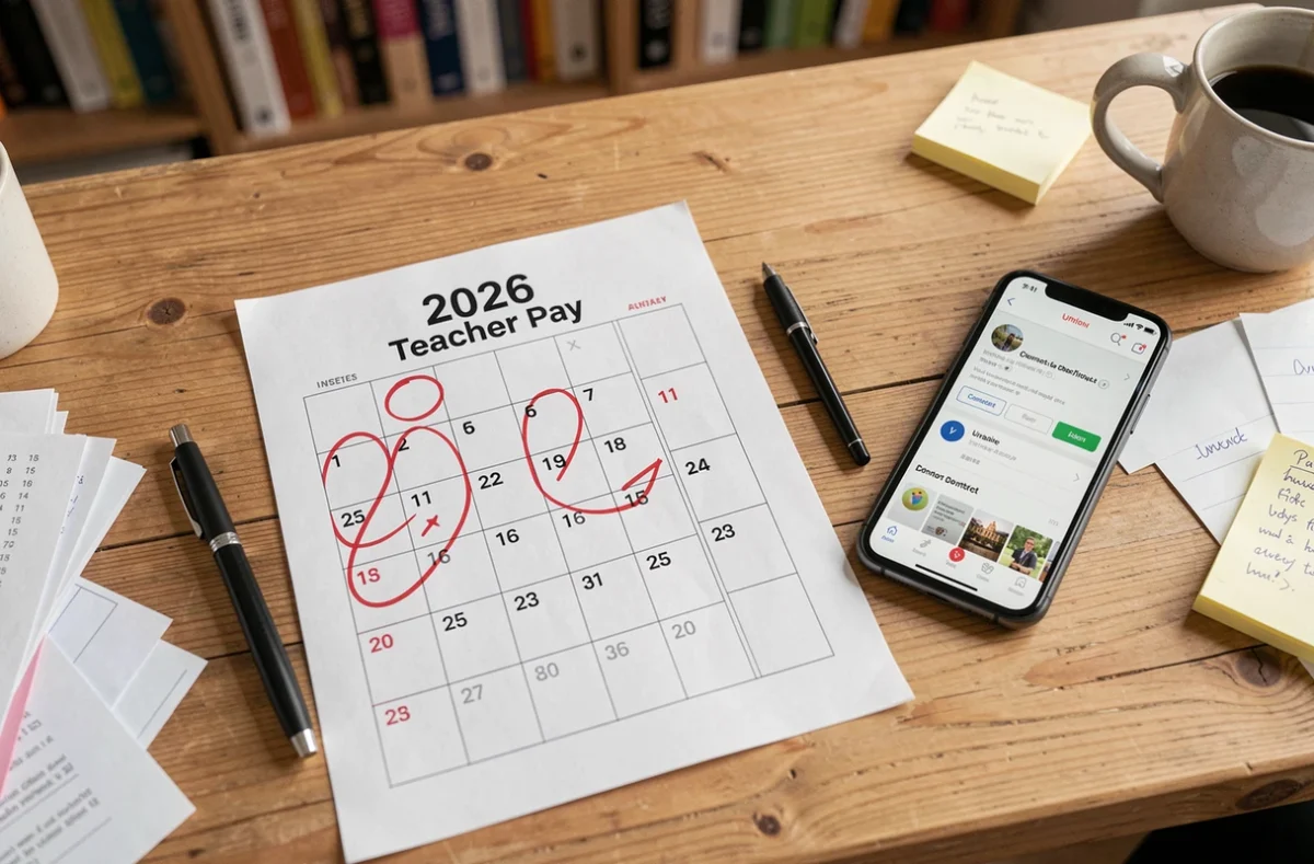 Calendrier de paie 2026 des enseignants annoté avec dates importantes et note manuscrite sur bureau