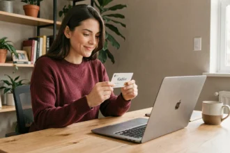 Femme utilisant une carte cadeau Kadéos Infini pour faire des achats en ligne sur son ordinateur portable depuis son bureau à domicile