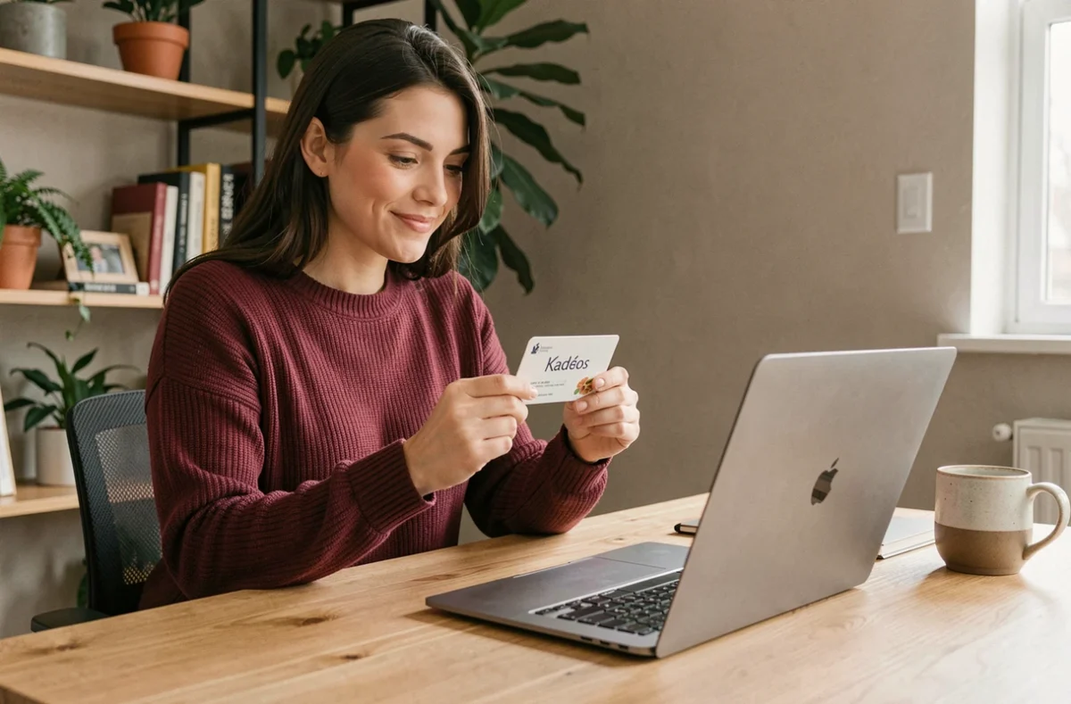 Femme utilisant une carte cadeau Kadéos Infini pour faire des achats en ligne sur son ordinateur portable depuis son bureau à domicile