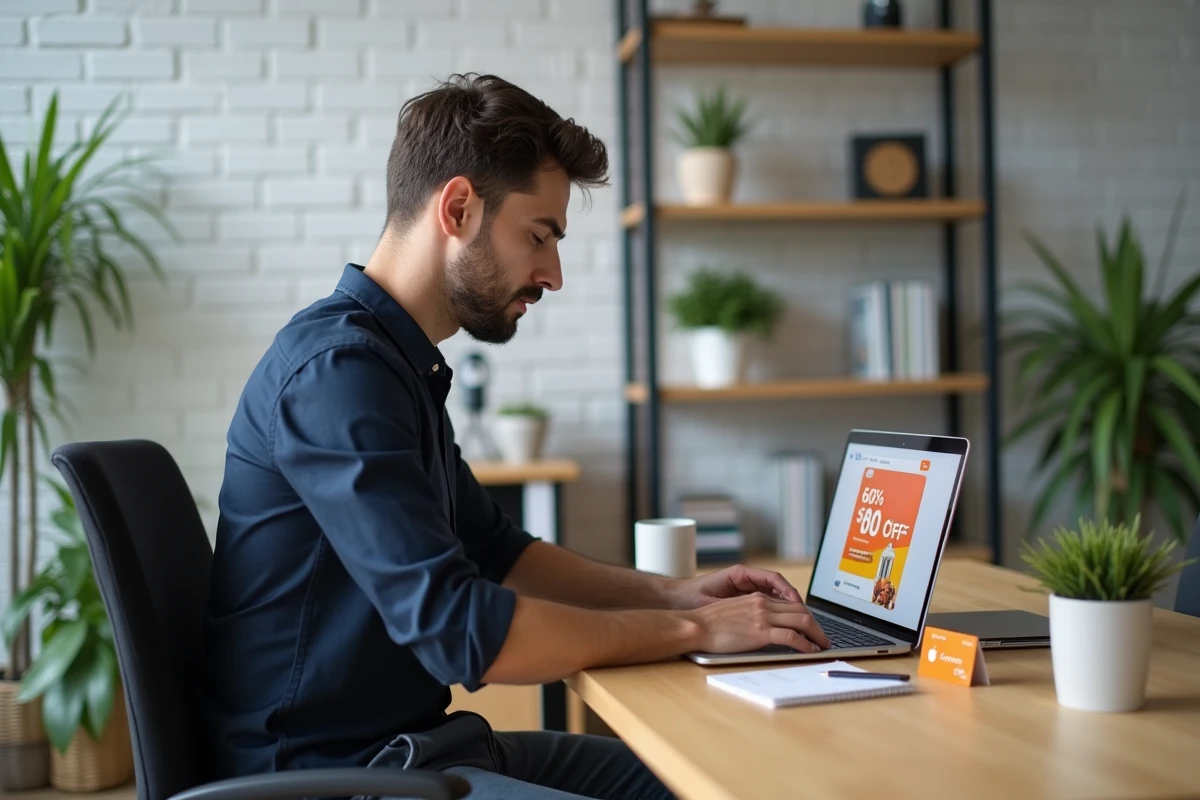 Homme combinant une carte cadeau Kadéos avec des promotions en ligne sur son ordinateur portable