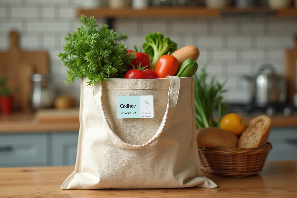 Carte UpCadhoc posée sur un sac de courses rempli de produits alimentaires frais