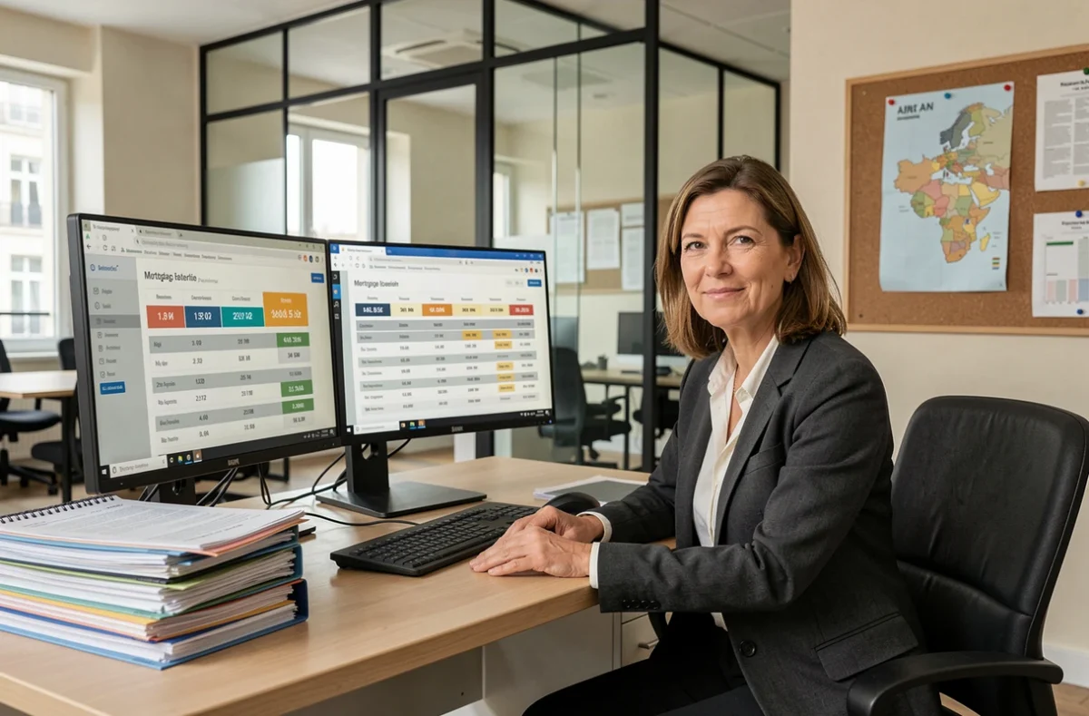 Courtière de La Centrale de Financement Ain devant ses écrans affichant des comparatifs de taux de crédit immobilier