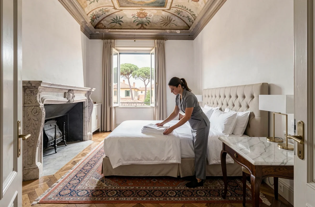 Chambre d'hôtel de luxe dans un palais historique romain avec plafond fresqué et parquet ancien, illustrant la qualité des actifs hôteliers premium détenus par une SCPI spécialisée