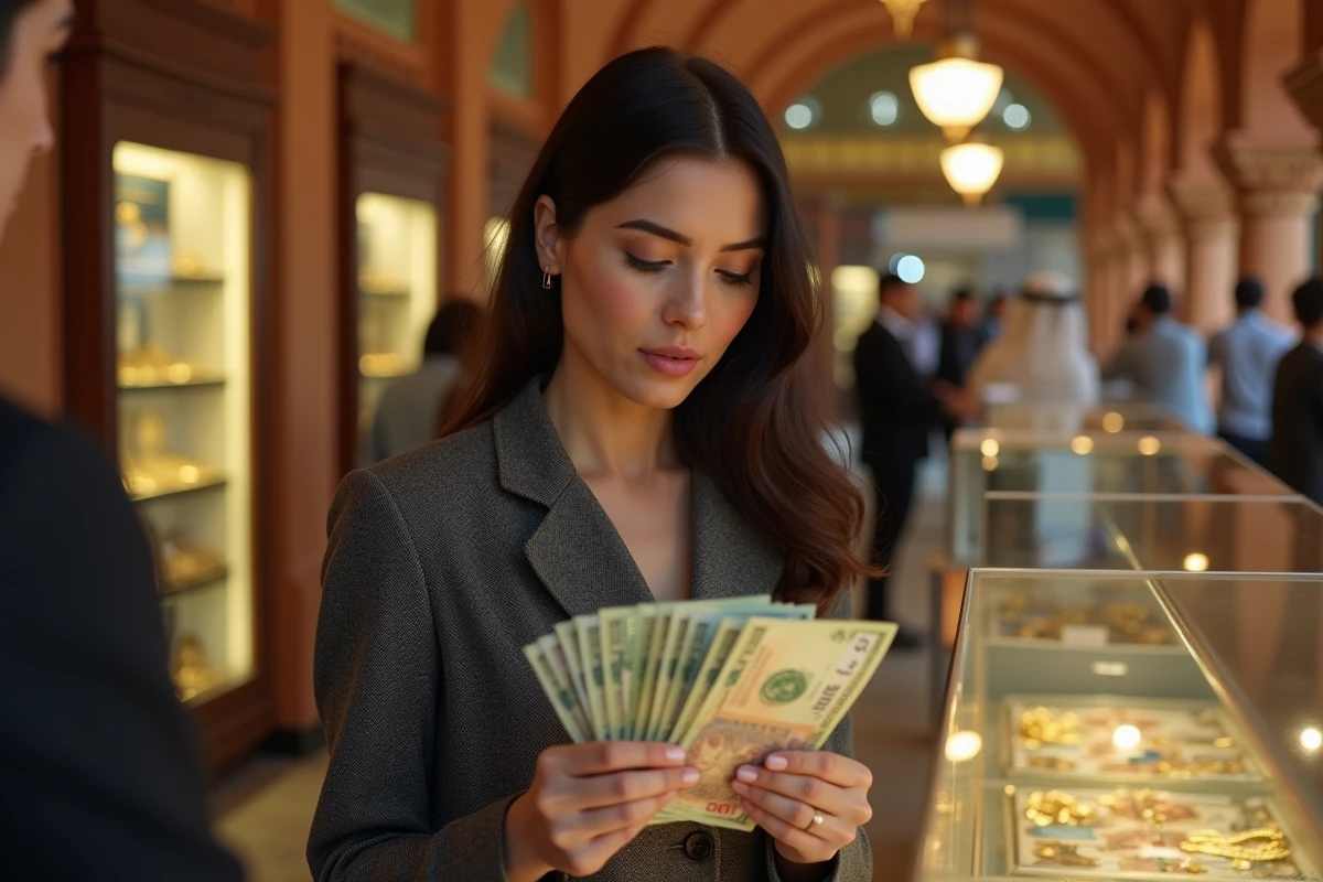 Femme comptant des dirhams émiratis au comptoir d'un bureau de change dans le souk de l'or de Dubaï
