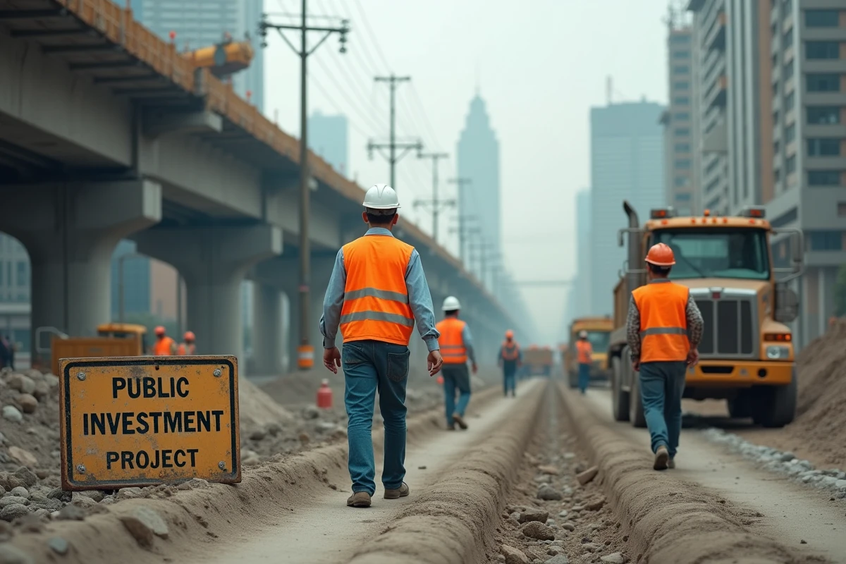 Chantier de travaux publics urbains illustrant la politique d'investissement public keynésienne pour stimuler l'économie