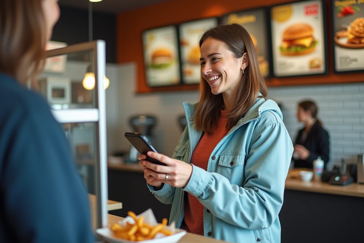 Femme utilisant son smartphone pour payer avec Chèques Vacances Connect dans un fast-food type McDonald's
