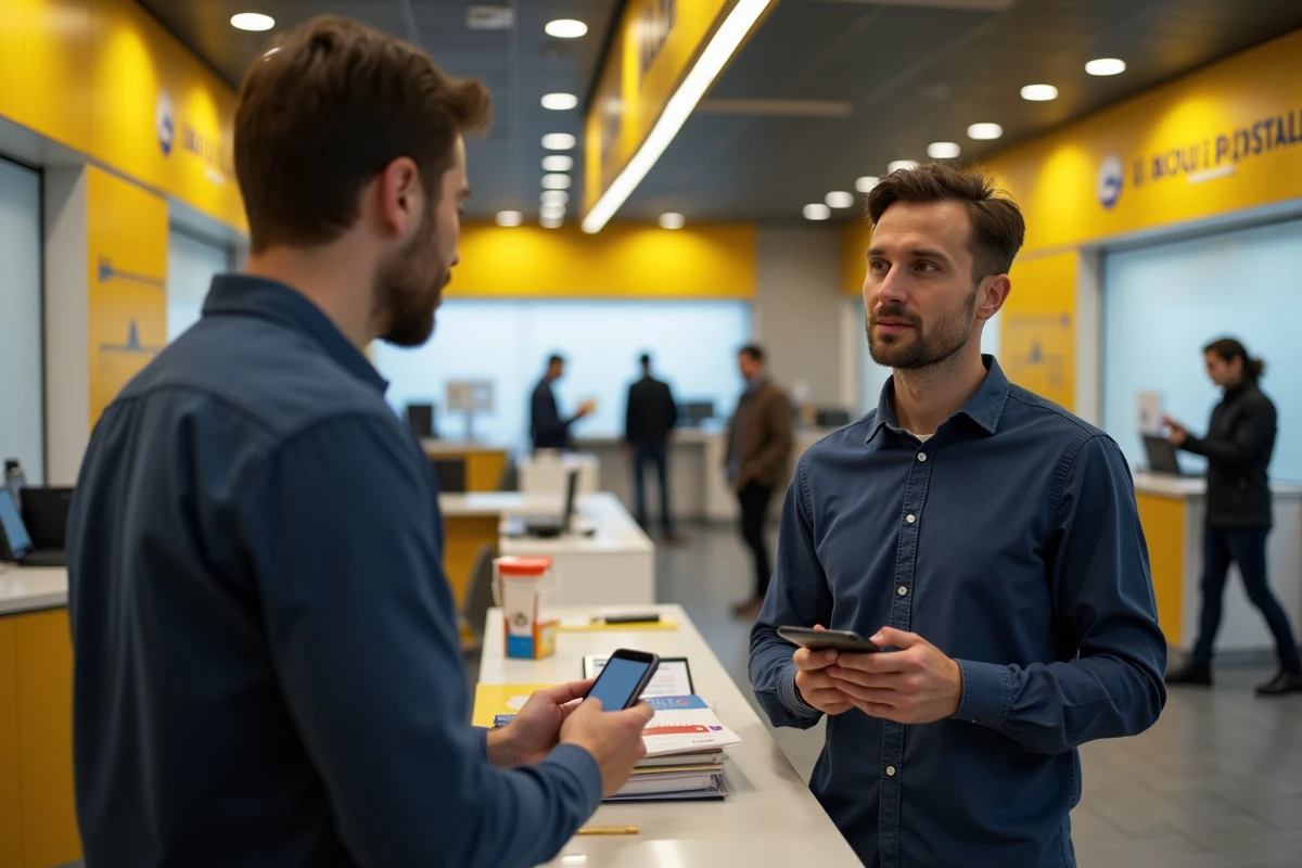 Client masculin dans une agence La Banque Postale consultant son application bancaire lors d'une opération de virement