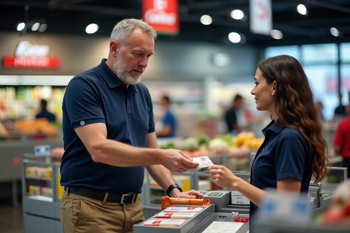 Client utilisant un chèque Cadhoc à la caisse d'un hypermarché alimentaire