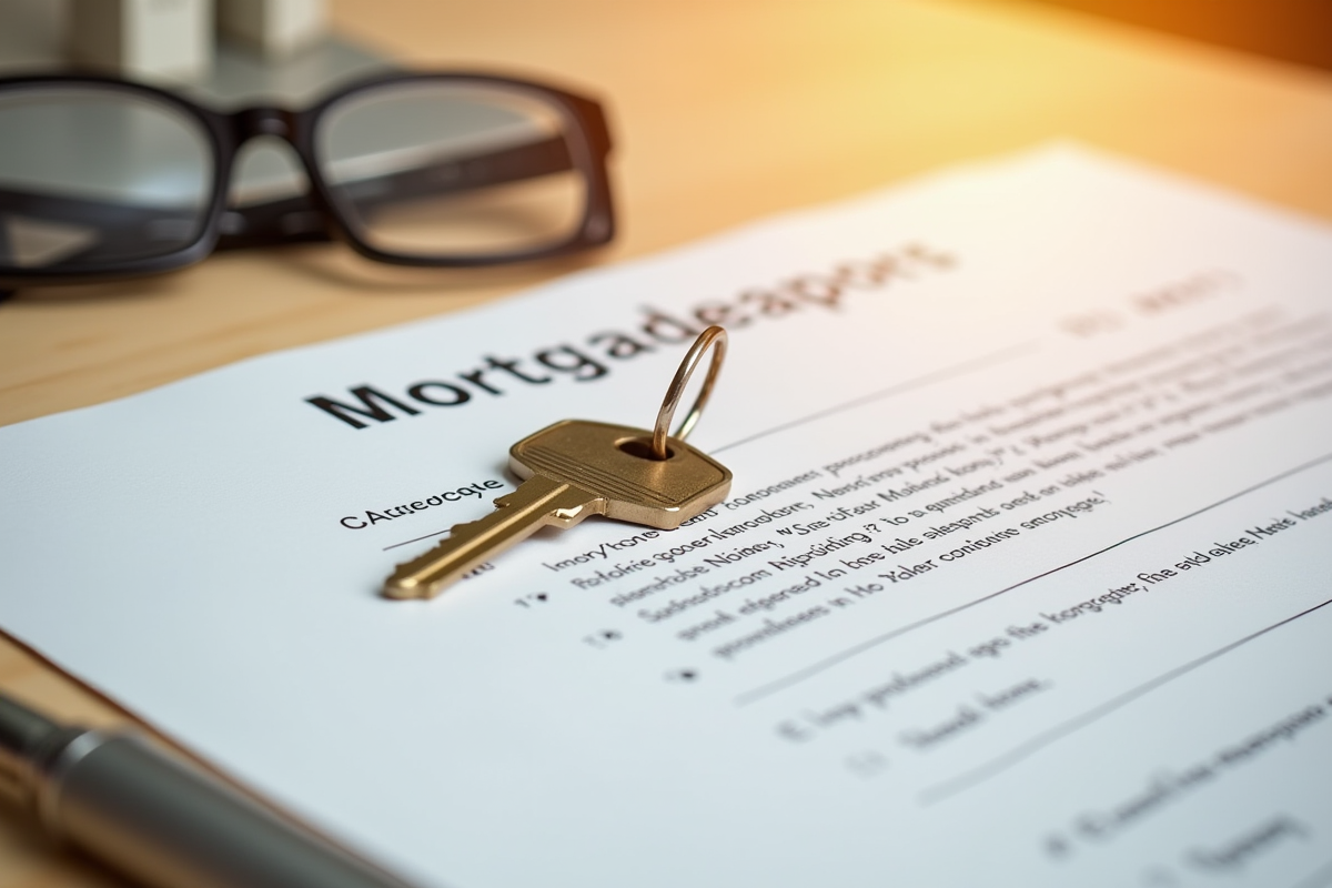 Clé de maison sur un contrat de prêt immobilier avec lunettes et stylo