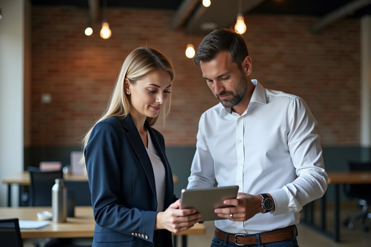 Deux collègues analysant ensemble un bulletin de paie numérique sur tablette en espace de coworking