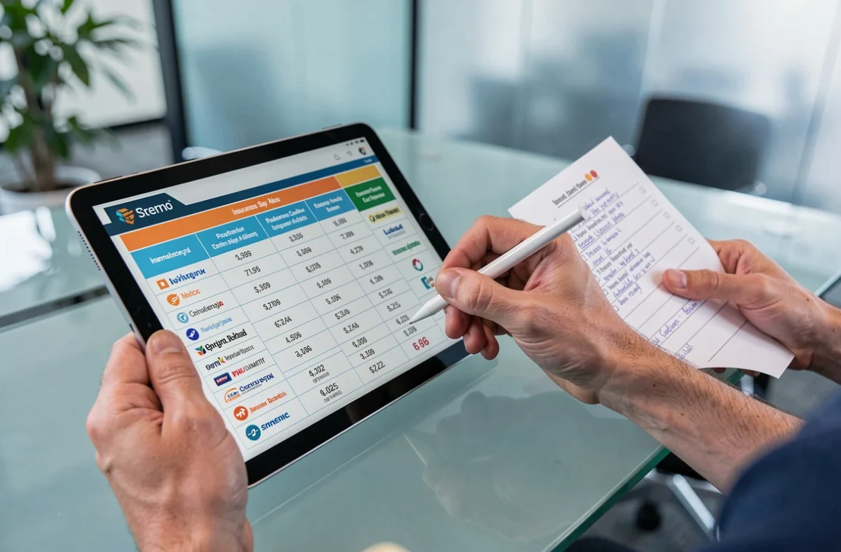 Gros plan sur une comparaison de tarifs d'assurance RC pro sur tablette et documents imprimés en entreprise