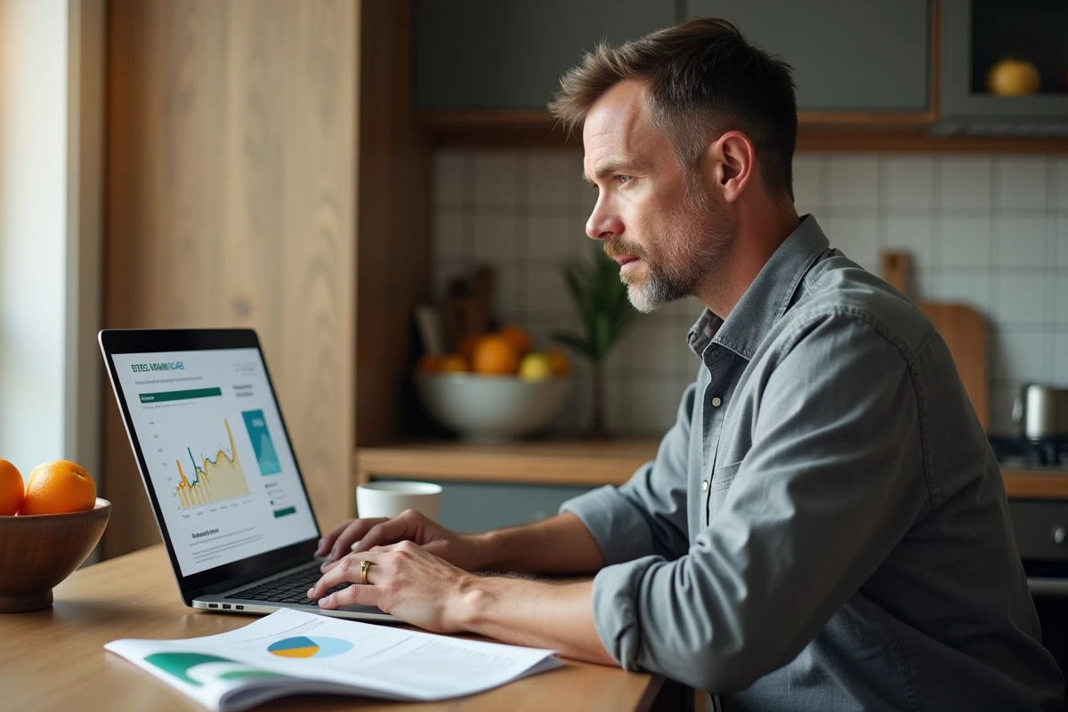 Homme comparant les taux de crédit immobilier entre banque et courtier sur un ordinateur portable