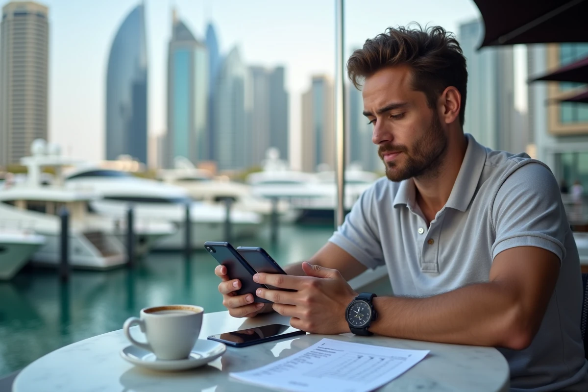 Jeune homme comparant les taux de change sur deux smartphones en terrasse au bord de la Marina de Dubaï