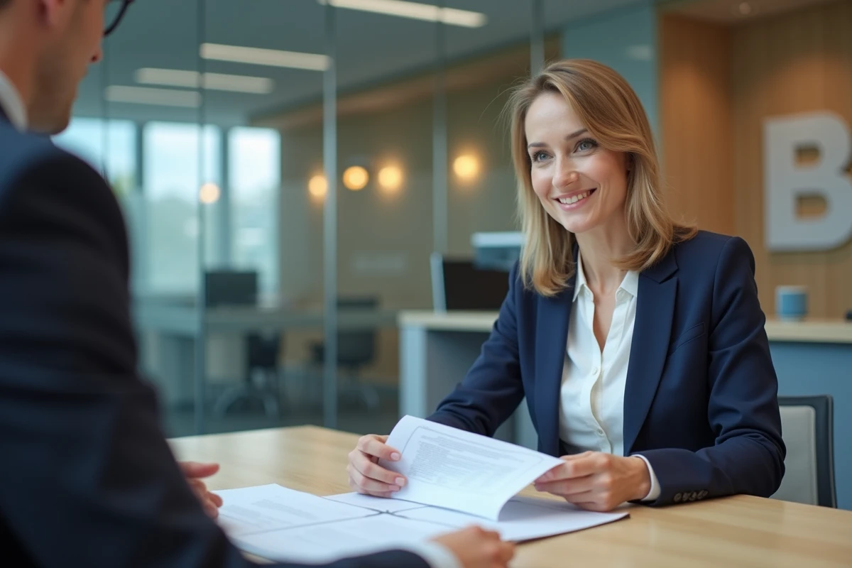 Femme discutant d'un crédit immobilier avec un conseiller bancaire dans une agence moderne