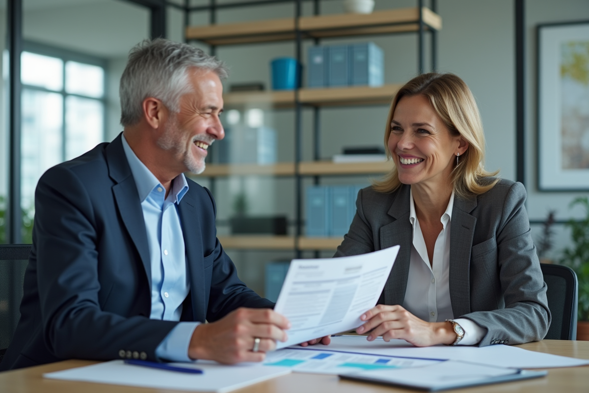 Conseiller bancaire expliquant un devis de renovation à une cliente