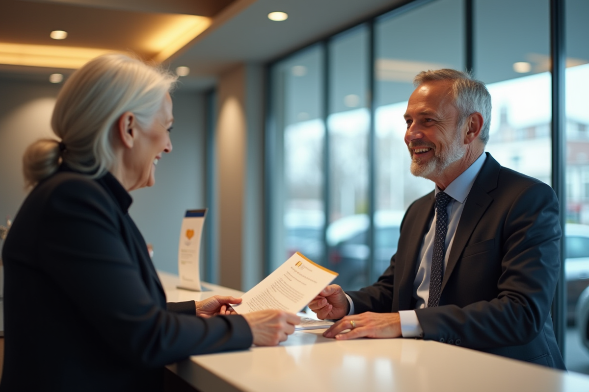 Conseiller bancaire souriant donnant une brochure à une cliente âgée