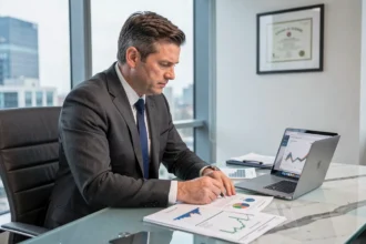 Conseiller financier analysant les rendements d'une SCPI sur des graphiques imprimés et un ordinateur portable dans un bureau moderne