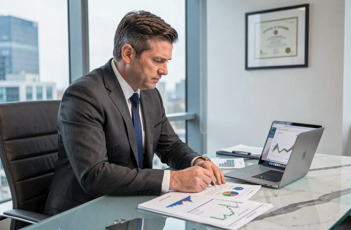 Conseiller financier analysant les rendements d'une SCPI sur des graphiques imprimés et un ordinateur portable dans un bureau moderne