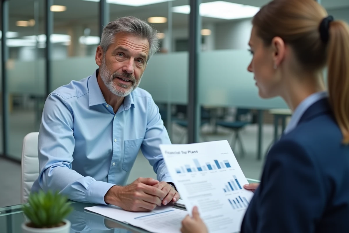 Un homme discutant d'un plan d'épargne avec un conseiller financier dans une agence bancaire moderne
