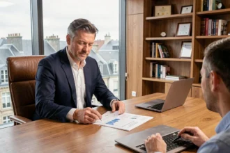 Conseiller en gestion de patrimoine et client en réunion dans un bureau moderne avec vue sur Caen