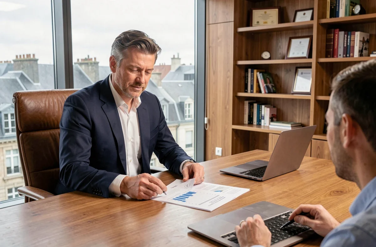 Conseiller en gestion de patrimoine et client en réunion dans un bureau moderne avec vue sur Caen